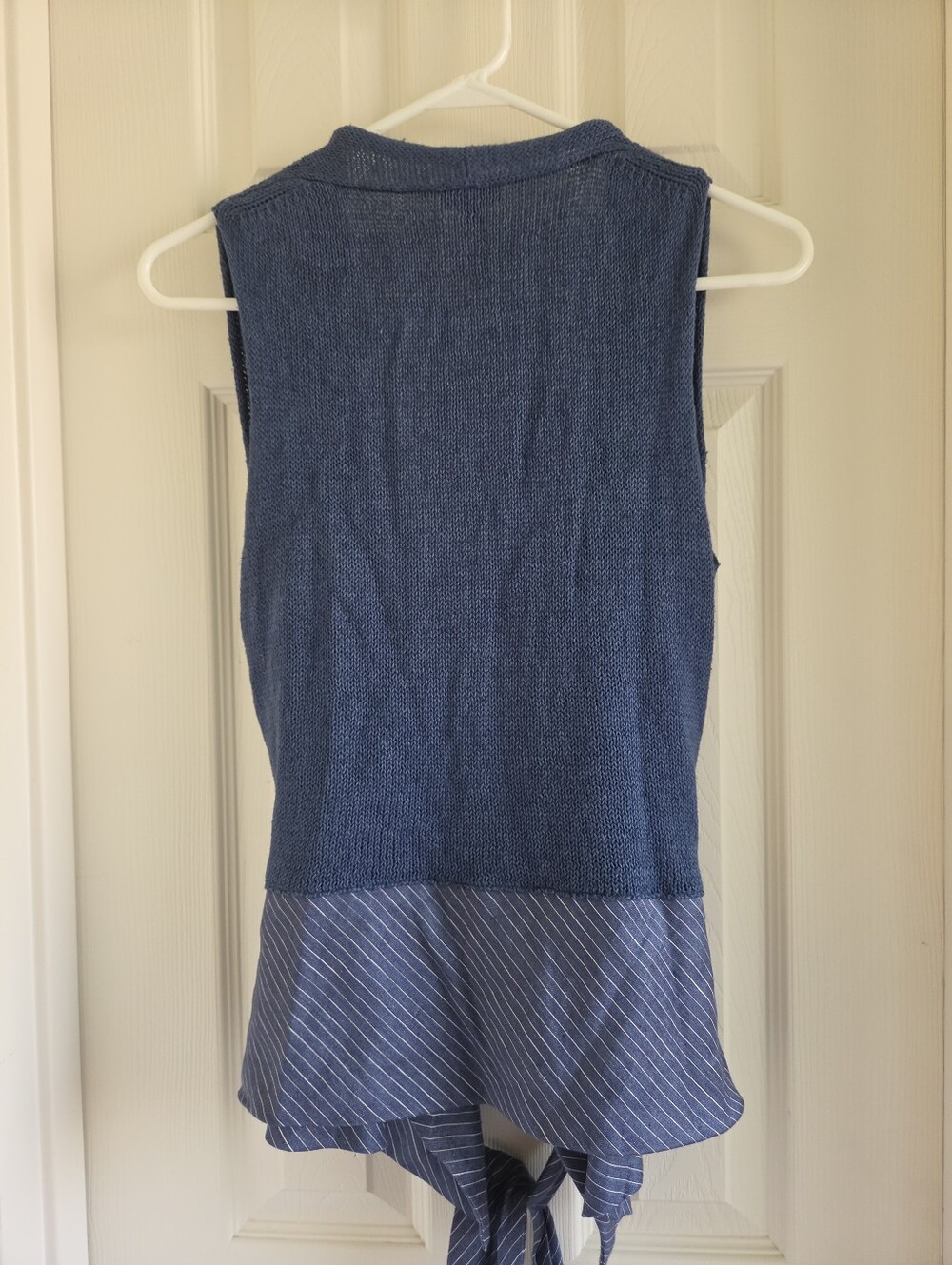 J.Jill Linen Blend Wrap Sweater Vest Small Blue Pinstripe Peplum Tied Waist Open - Picture 7 of 10
